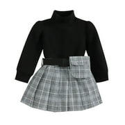 LMTODLFG Baby Girl Clothes Toddler Girl Long Sleeve High Neck Solid Color Sweater + Striped Pleated Skirt Matching Waist Bag In Same Color Baby Girl Outfits Black 3-4 Years